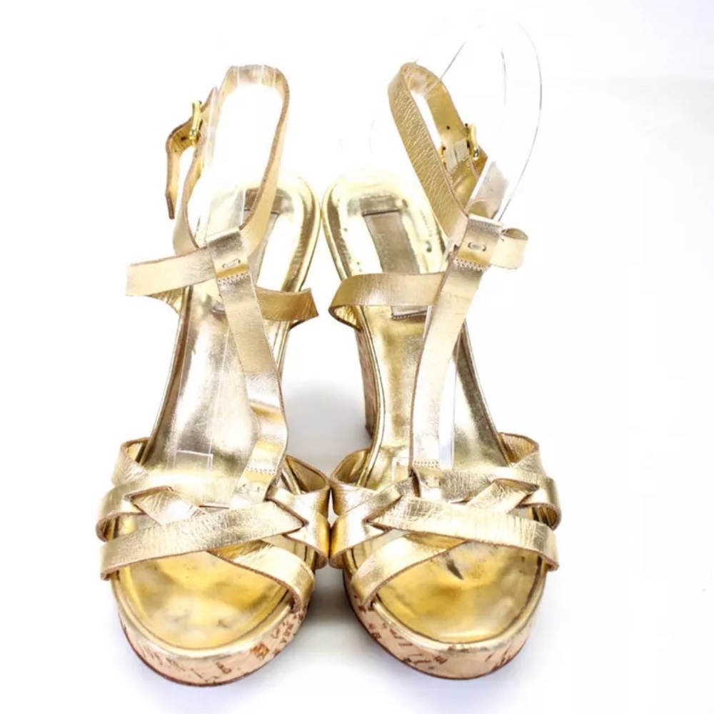 Michael Kors Womens Gold Ankle Strap Block High Heel Sandals Shoes Size 7.5